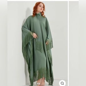 Mat Satin Mint Fringed Kaftan Dress With Tie Neck Detailed